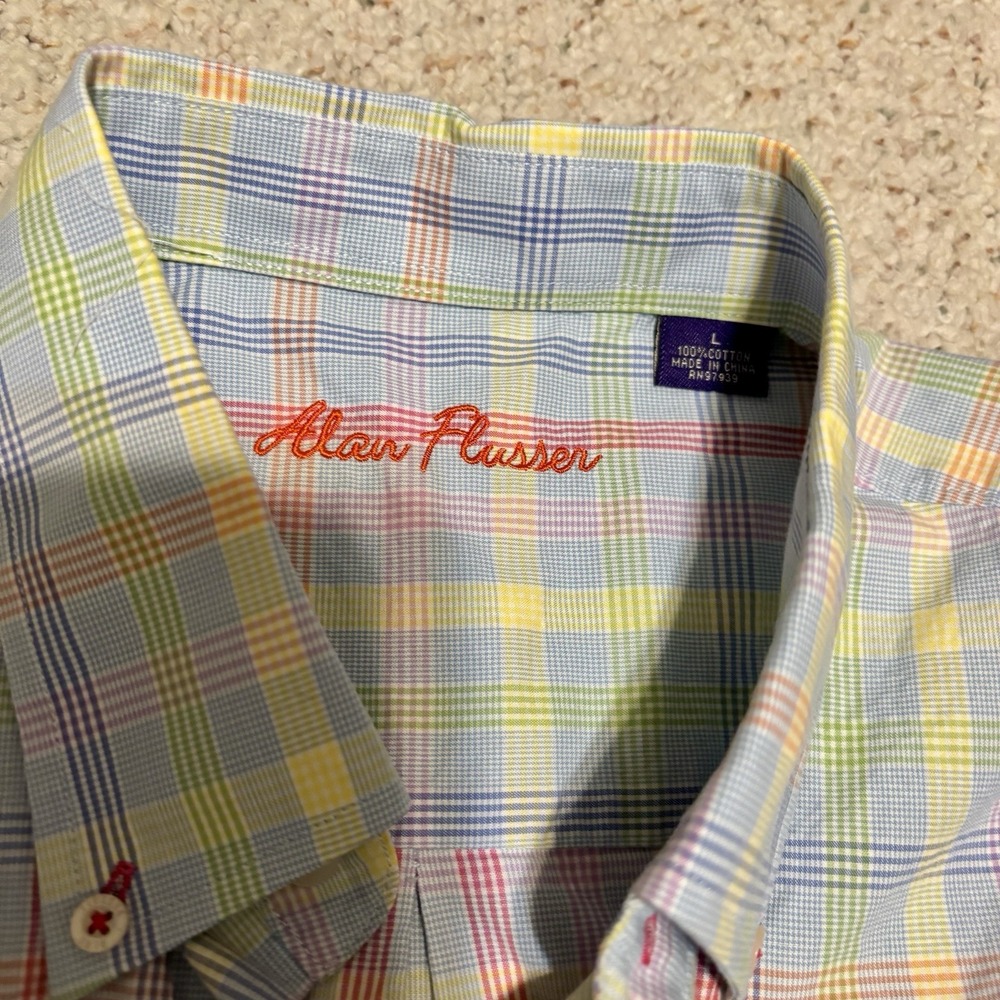 Alan Flusser Shirt Mens Sz L Plaid Multicolor Spring ButtonUp Short Sleeve Golf